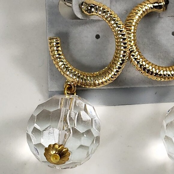 Gold-Tone Textured Hoop Earrings w/ Clear Crystal Drop – Bold Statement Jewelry - Picture 4 of 8